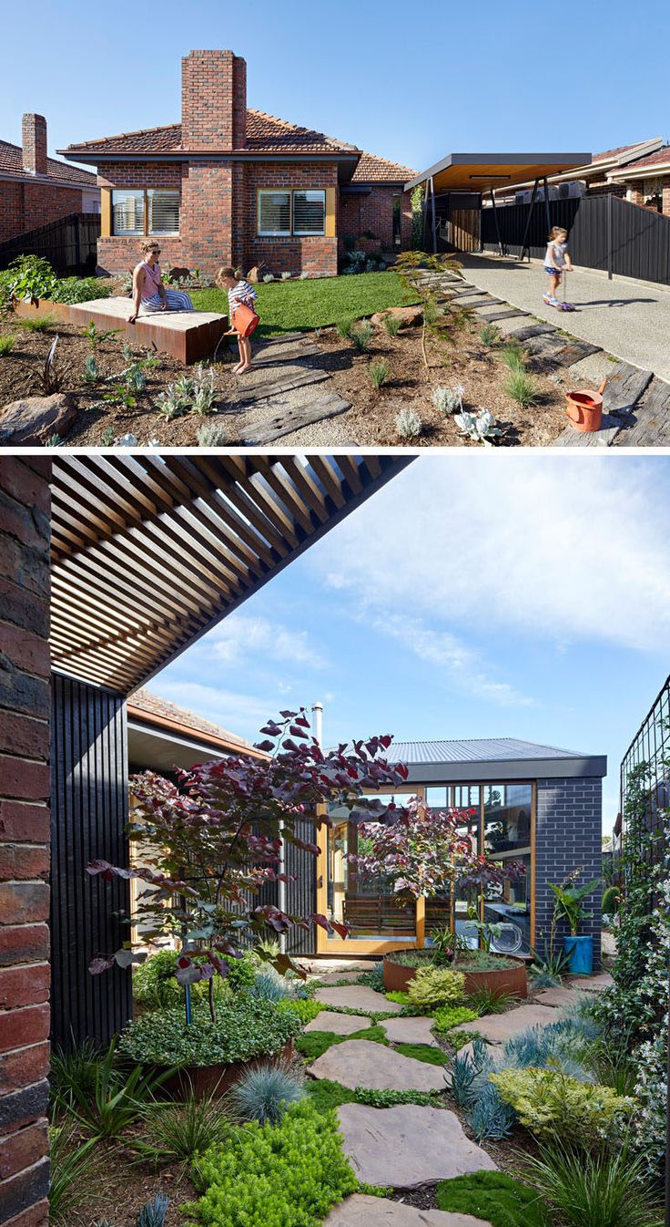 two pictures of people sitting in the back yard and on the side of the house