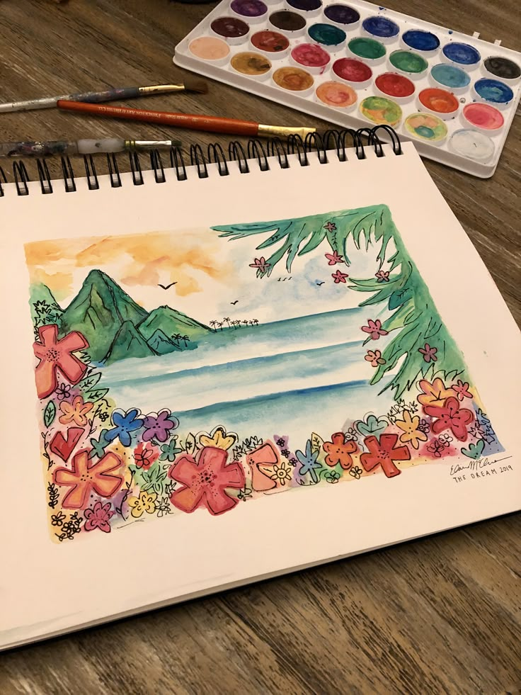 a watercolor sketch of a tropical scene with flowers and mountains in the background, surrounded by paintbrushes