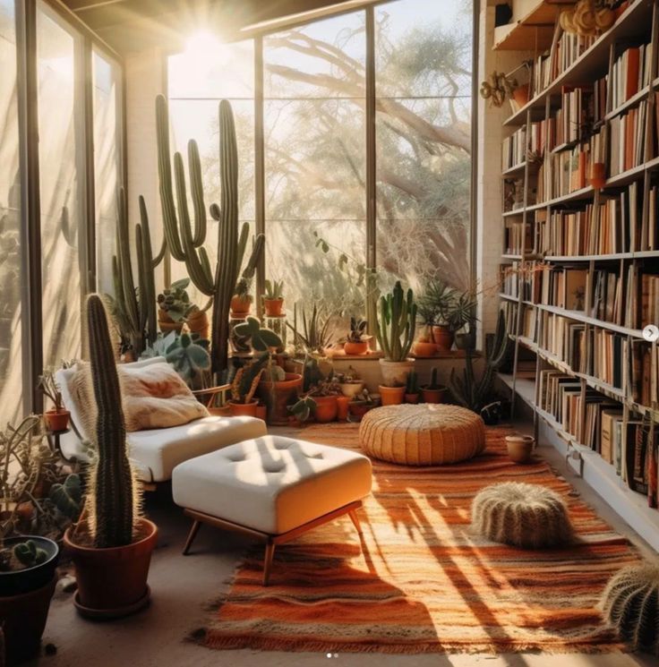 the sun shines through large windows into a room filled with books and cacti