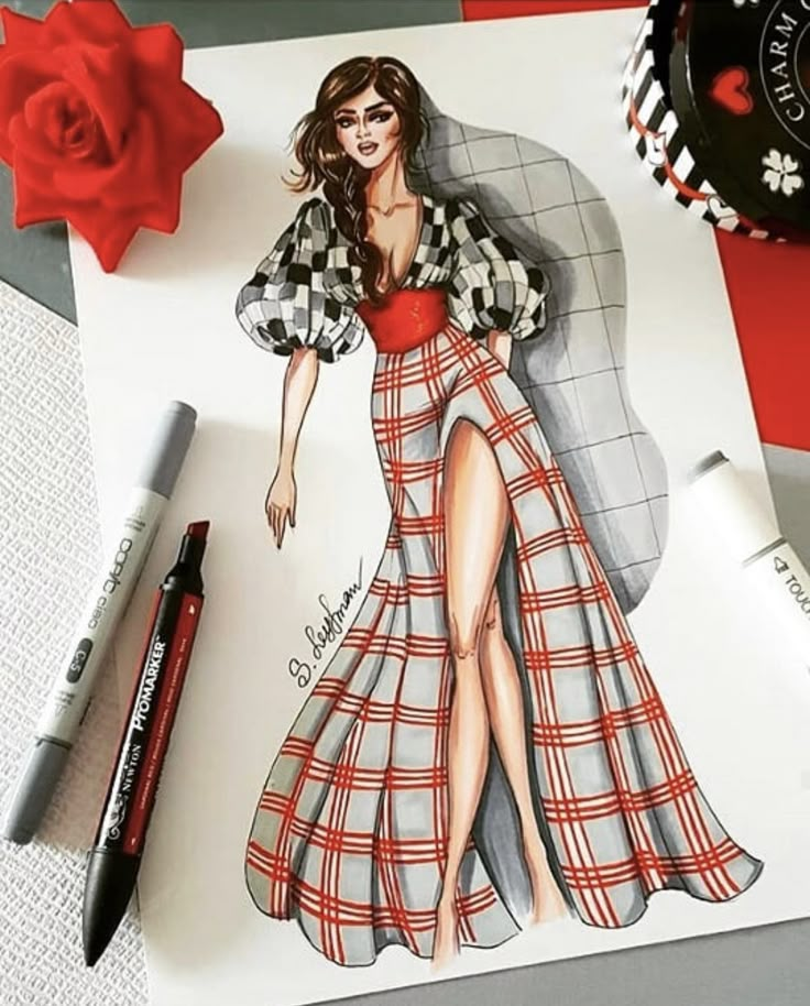 a drawing of a woman in a plaid dress and high heels on a piece of paper