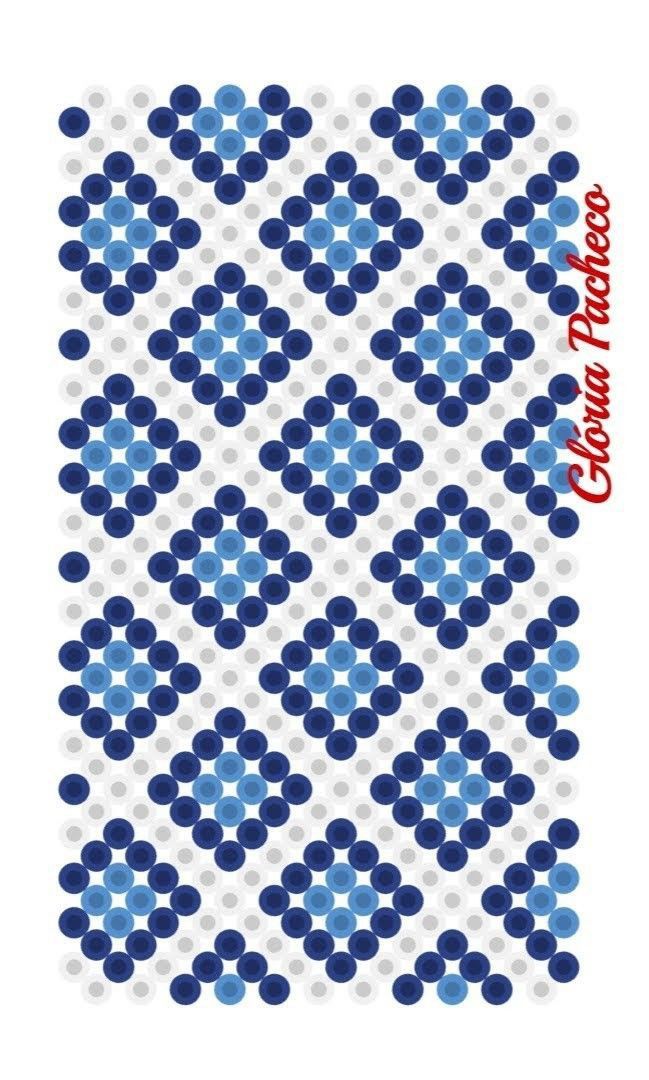 a blue and white pattern with dots on the bottom, in different sizes and colors