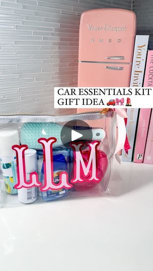 an image of personal care items in a bag on the counter with text that reads car essentials kit gift idea