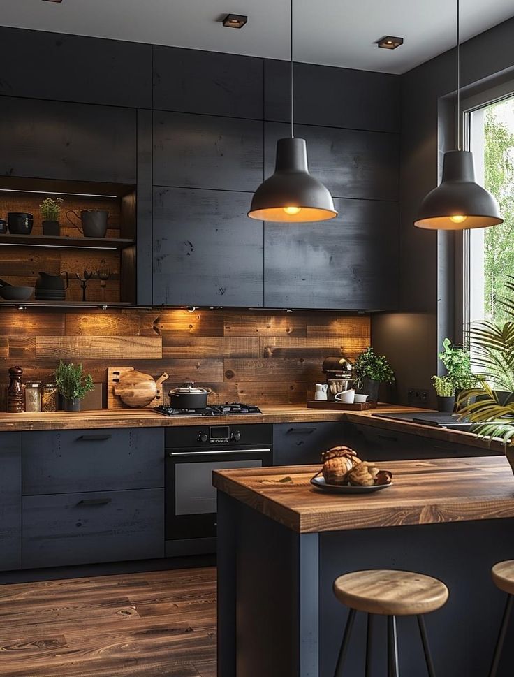 a kitchen with black cabinets and wooden counter tops, two pendant lights above the island