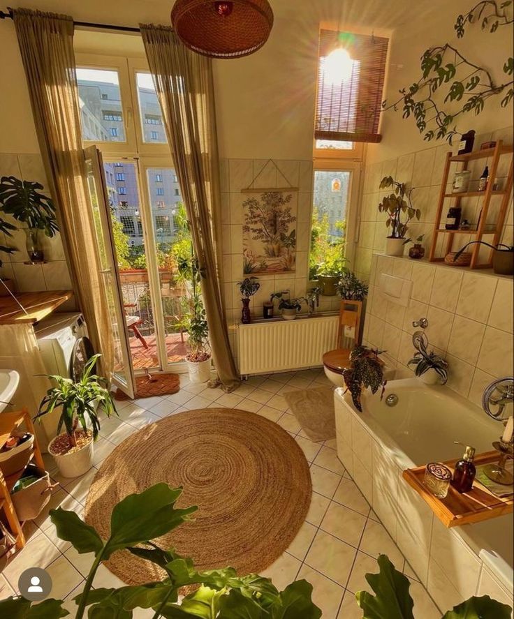 a living room filled with furniture and lots of plants next to a bathtub covered in potted plants