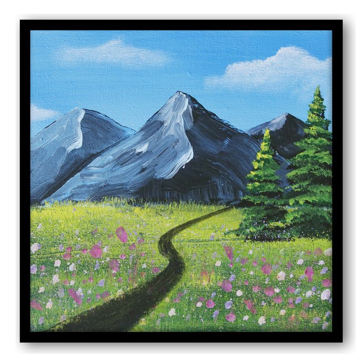 a painting of a mountain scene with a trail going through the grass and wildflowers