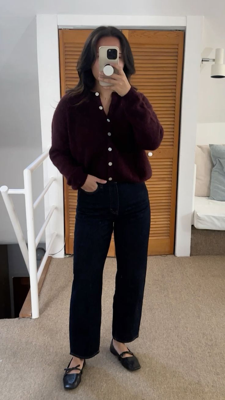 Cable Knit Sweater Outfit Work, Burgundy Cardigan Outfit Work, Tall Boot Work Outfit, Warm Professional Outfit, Cold Teacher Outfit, Navy Cardigan Outfit Work, Button Down Shirt Under Sweater, Business Casual Cold Weather Outfits, Styling A Cardigan Outfit Ideas