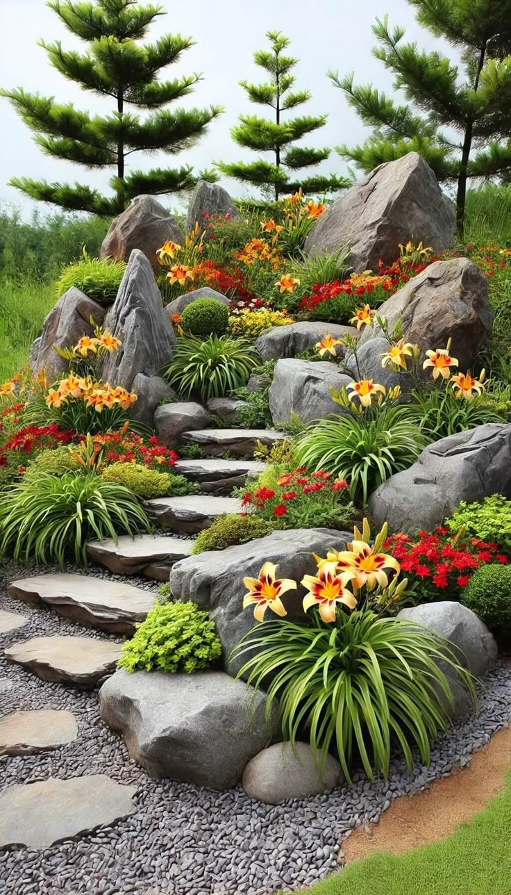 an outdoor garden with rocks and flowers