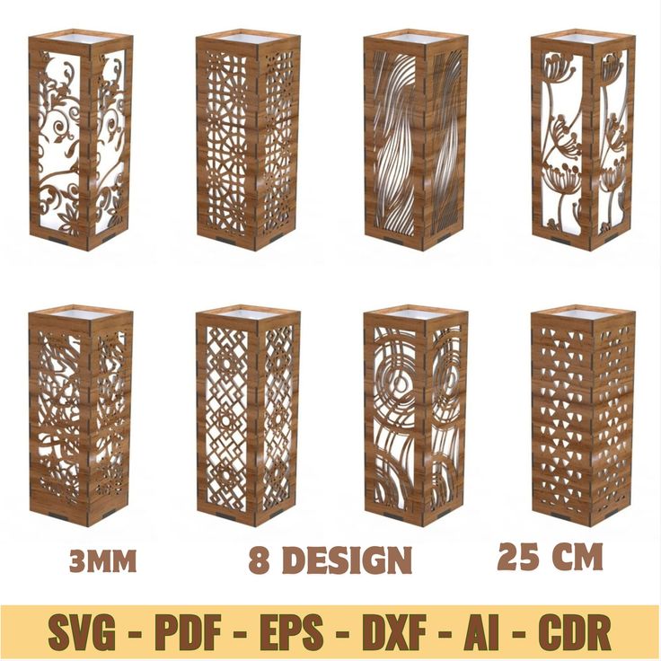 six wooden boxes with designs on them and the words svg - df's eps