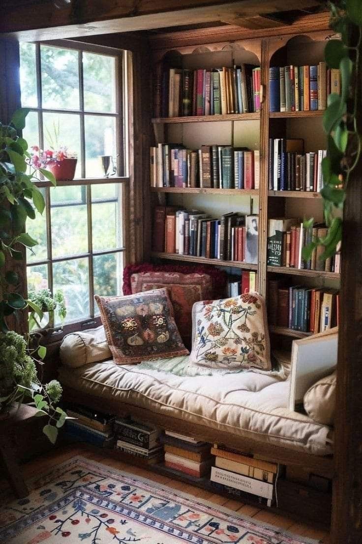 a window seat in front of a bookshelf with lots of books on it