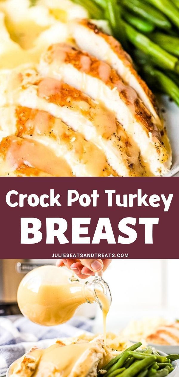 the crock pot turkey breast is being drizzled with gravy