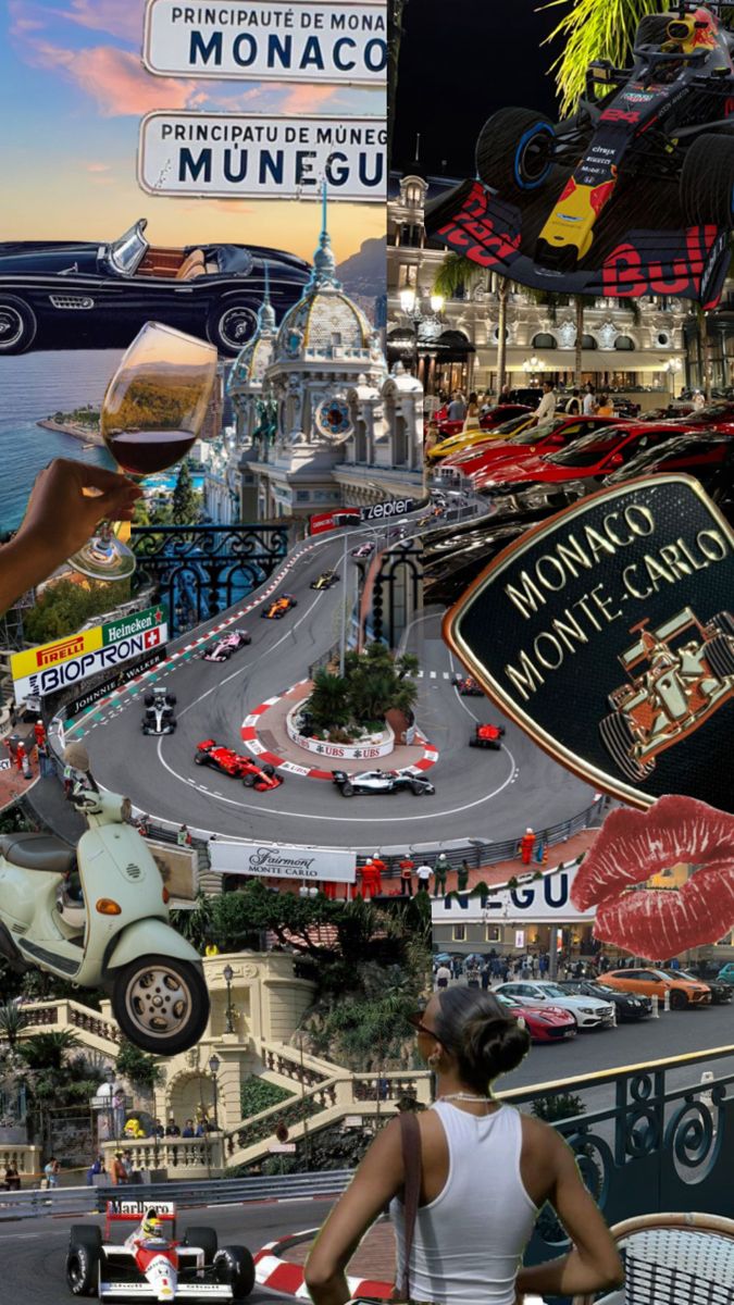 a collage of cars, people and street signs