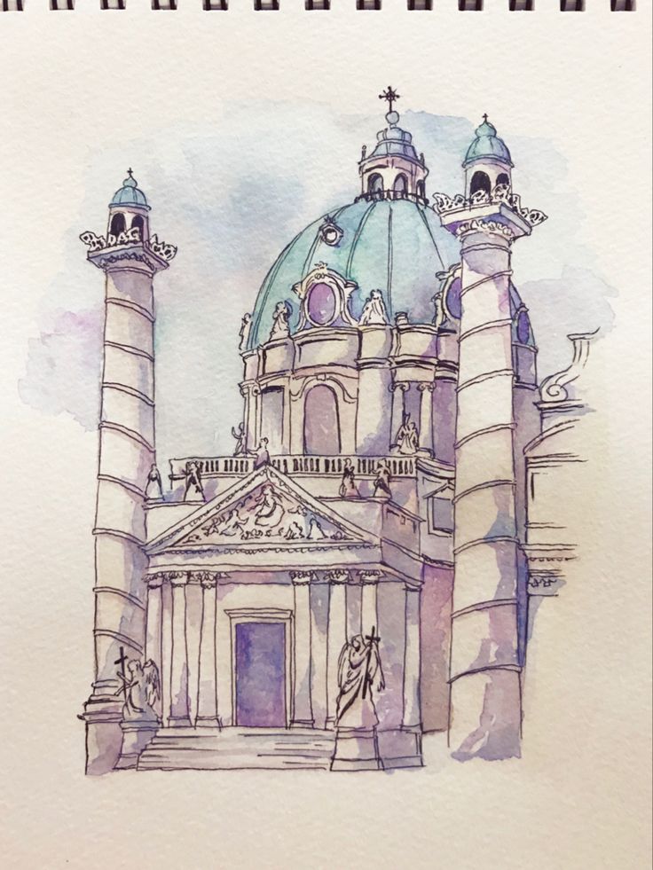 a watercolor drawing of a building with two towers and a blue dome on top