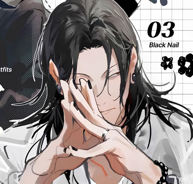 an anime character with long black hair holding his hands to his face