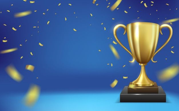 a golden trophy cup with confetti falling from the side on a blue background