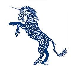 the silhouette of a unicorn is shown in blue on a white background with an intricate design