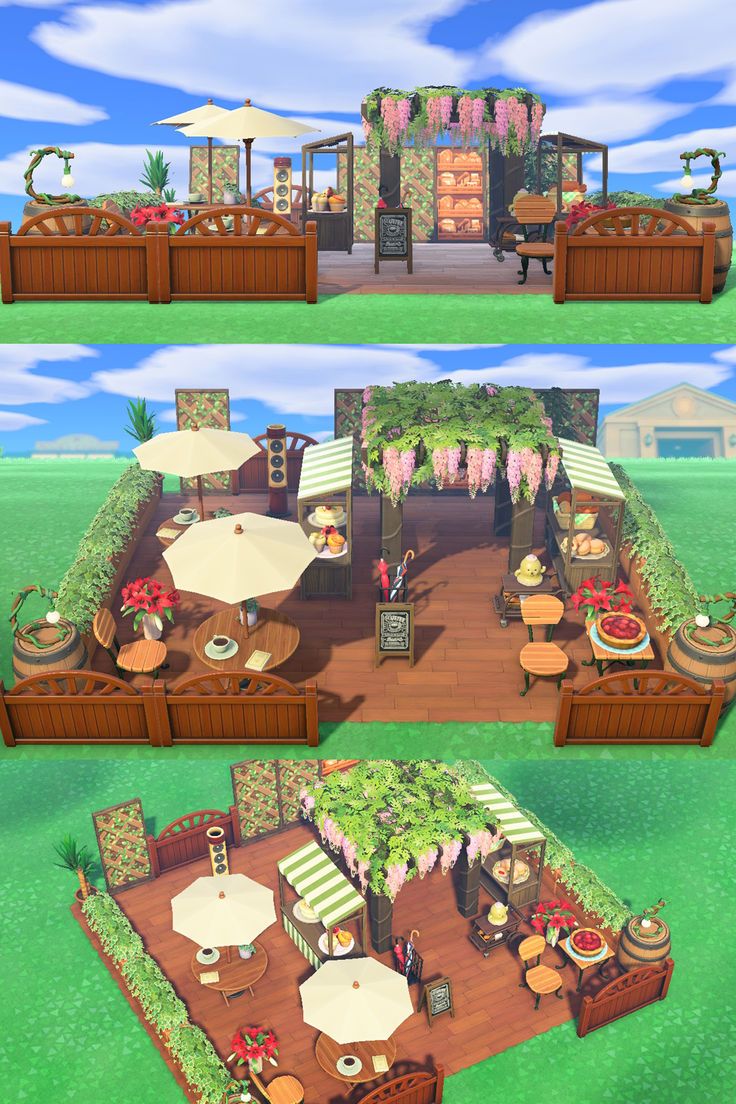 an animated view of a patio with tables and chairs in the middle, and on the other side