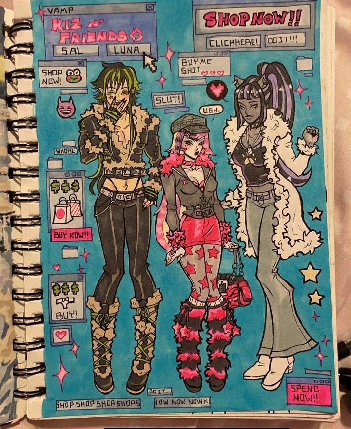 an open notebook with drawings of two women and one is holding a cell phone in her hand