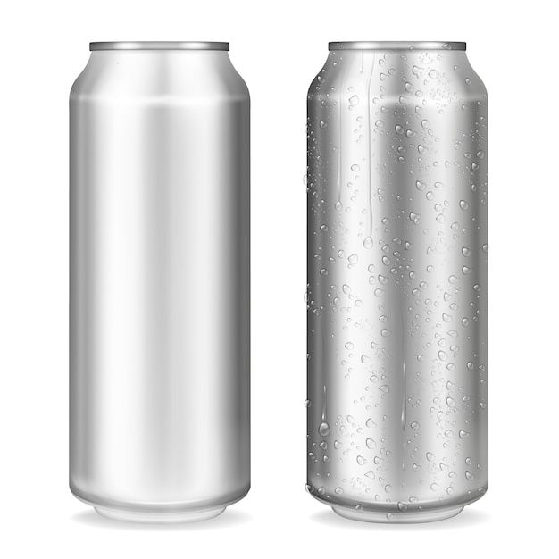 an aluminum can with water droplets on the top and bottom, next to another one