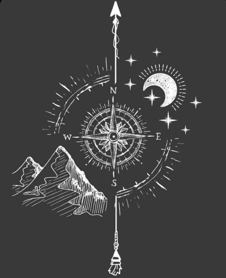 a drawing of a compass with mountains in the background and stars around it on a dark gray background