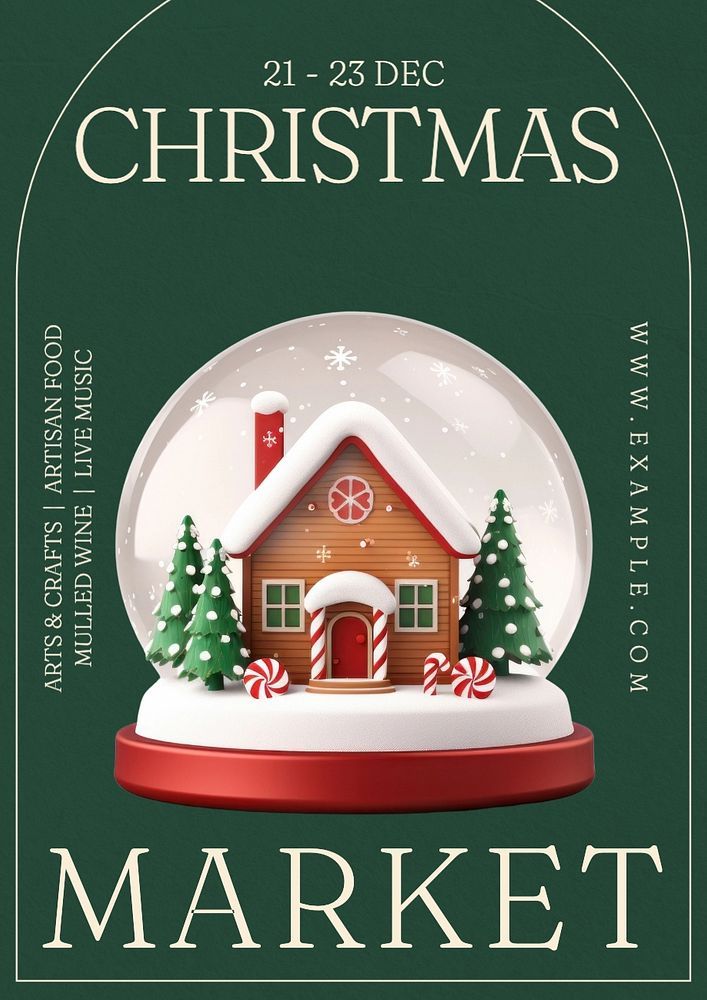 a christmas market poster with a snow globe in the shape of a house and candy canes