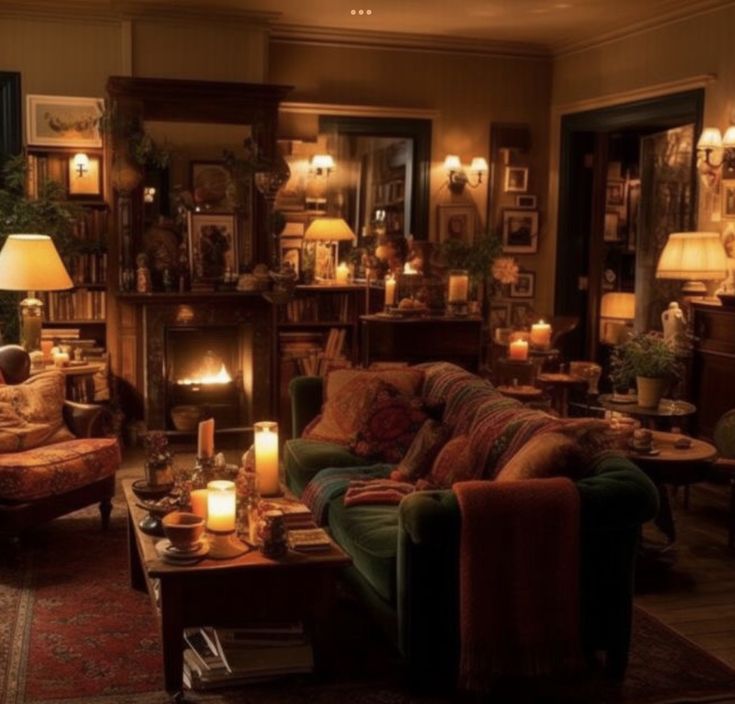 a living room filled with furniture and lit candles