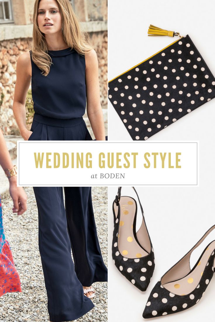 Take a look at Boden for Wedding Guest Outfit Inspiration | Navy floaty casual jumpsuit | Palazzo legs | Polka dot shoes | Polka Dot Bag | We Talk Weddings | Affiliate Link For Wedding Guest Outfit, Jumpsuit Palazzo, Wedding Guest Outfit Inspiration, Jumpsuit For Wedding Guest, Polka Dot Bags, Polka Dot Shoes, Wedding Guest Style, Casual Jumpsuit, Guest Outfit