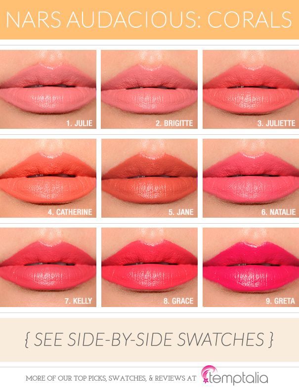 My names on theirbut I love all the colors Coral Pink Lipstick, Nars Audacious Lipstick, Nars Lip, Nars Lipstick, Coral Lipstick, Coral Lips, Smink Inspiration, Kissable Lips, Lipstick Swatches