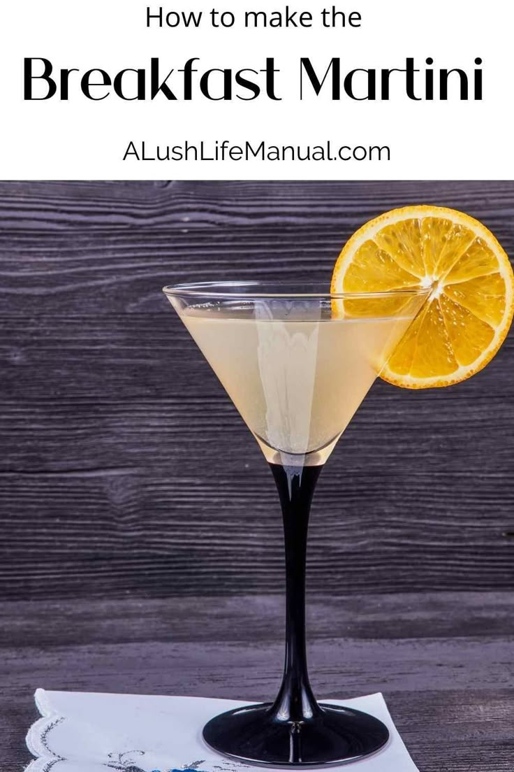 a drink in a martini glass with the words how to make the breakfast martini