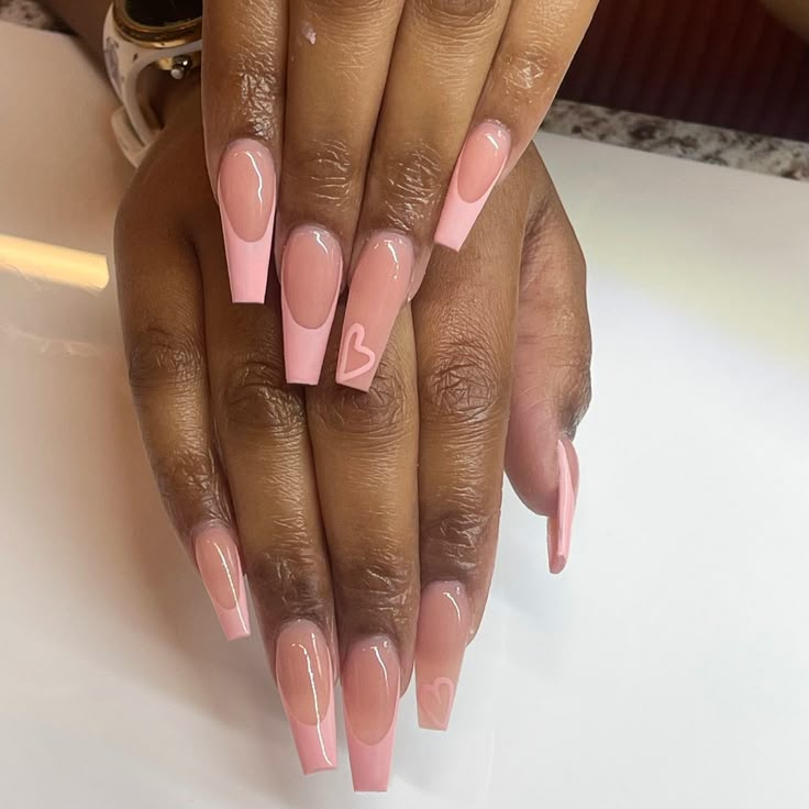 Pink French Tip Nails Coffin With Heart, French Tip Acrylic Nails Medium Length Almond, Nail Ideas Coffin Pink, Valentines Nails Pink French Tips, Blush Pink Acrylics, Pink French Tip Nails With Heart, Pink Coffin French Tip Nails, Pink Coffin French Tip, Pink Nails Simple Design