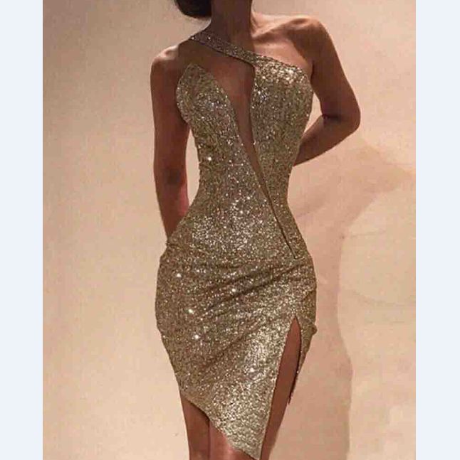 Bodycon Sequin Dress, Gold Dress Short, Paris Mode, Gold Sequin Dress, Sequin Bodycon Dress, فستان سهرة, Split Dress, Shoulder Cut, Silver Dress