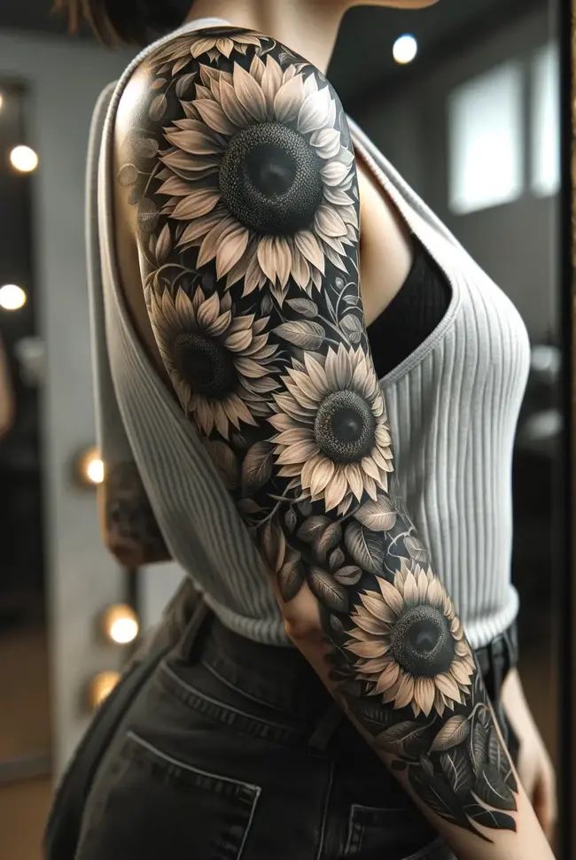 a woman's arm with sunflowers on it, and the top half of her sleeve