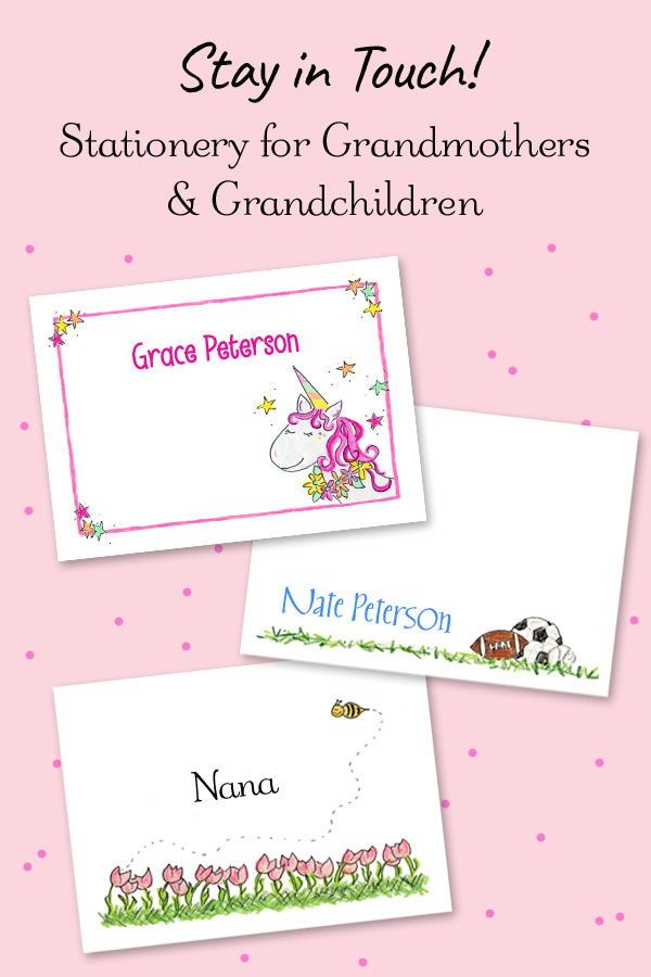 two children's name tags with the words stay n touch and an image of a unicorn