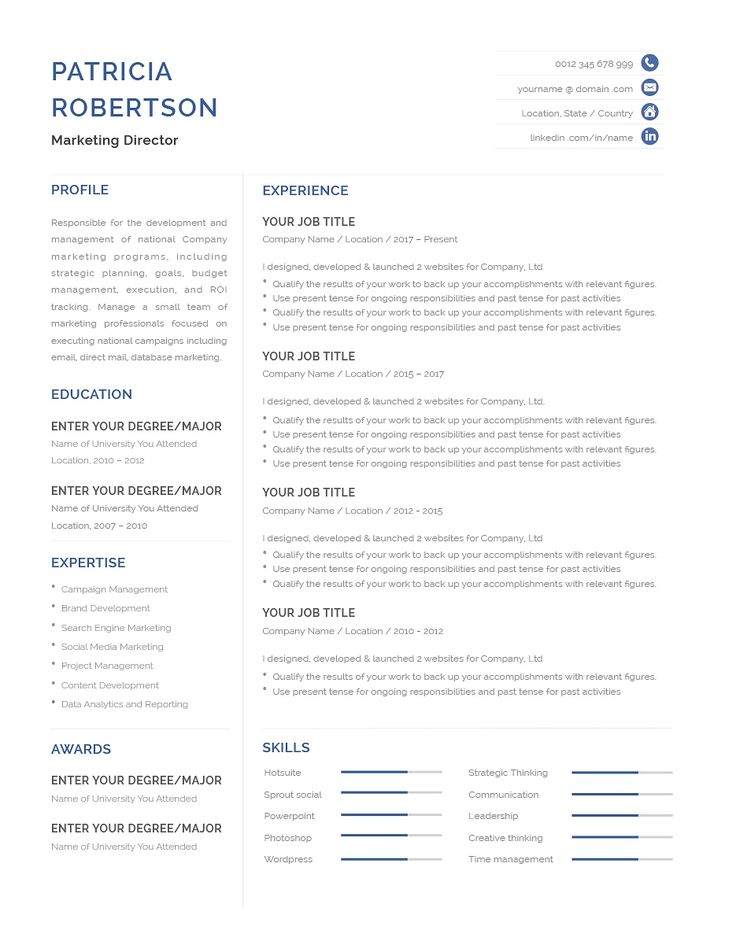 a professional resume template with blue accents