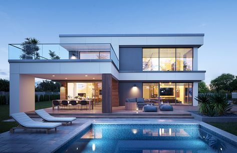 an image of a modern house with pool in the foreground and patio furniture on the other side