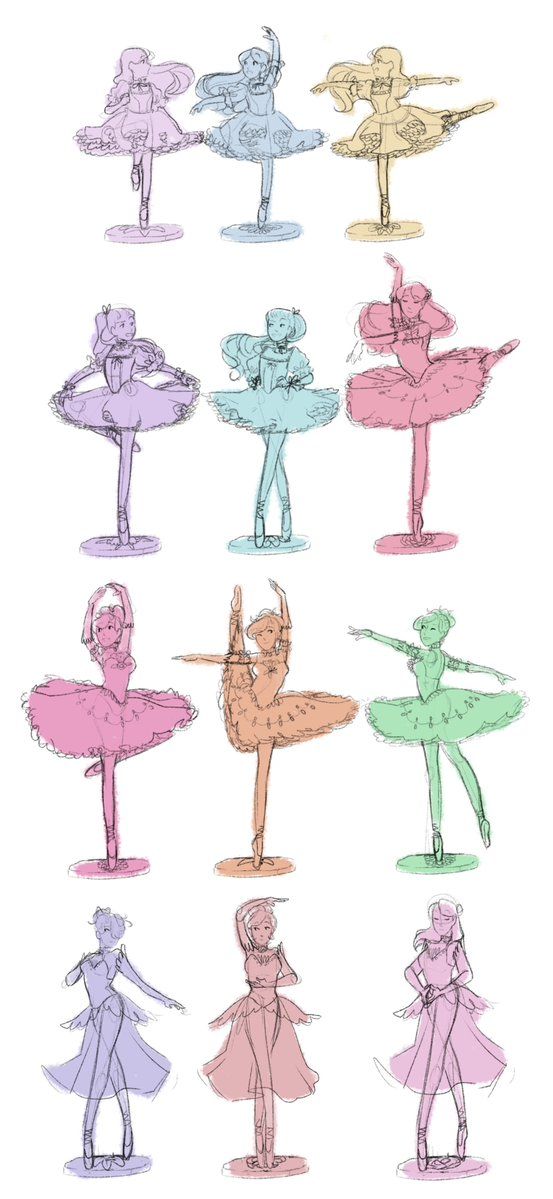 a bunch of different colored drawings of people in ballet outfits and tutus, all with their arms outstretched