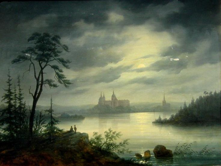 a painting of a castle in the distance with water and trees around it on a cloudy day