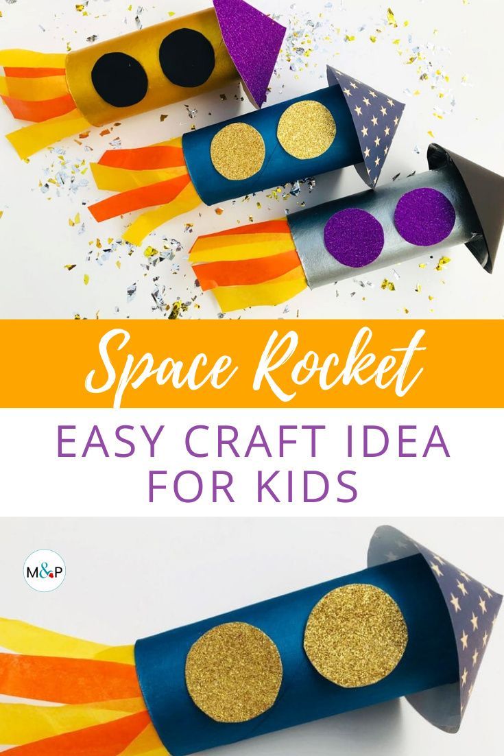 an easy rocket craft for kids to make with construction paper and gold glitter on it