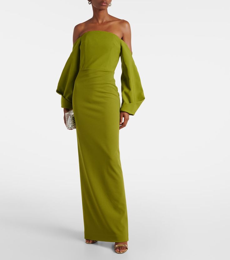 Lotta off-shoulder crêpe gown in green - Solace London | Mytheresa Bridesmaid Dresses Green, St Thomas Wedding, Chartreuse Dress, Evening Gowns Dresses, Over 40 Style, Solace London, Sleeved Wedding, Off Shoulder Gown, Crepe Gown