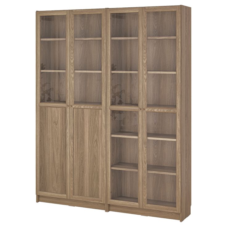 a wooden bookcase with glass doors on the front and bottom shelves in light wood