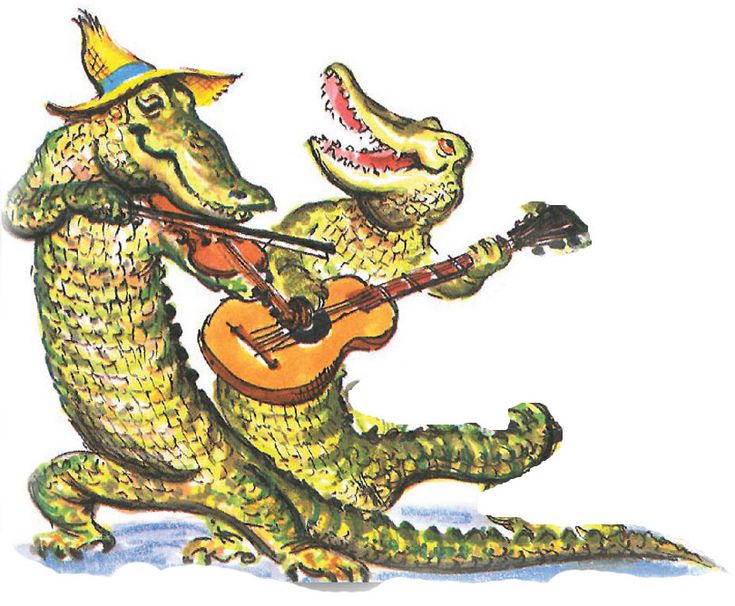 two alligators playing guitar and singing to each other with the caption saying,