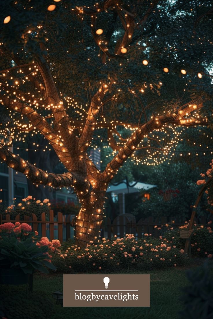 a tree with lights hanging from it's branches