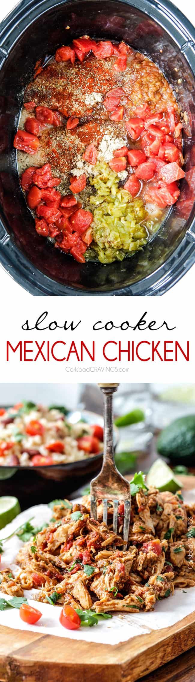 mexican chicken and rice casserole is shown in this collage with the title above it