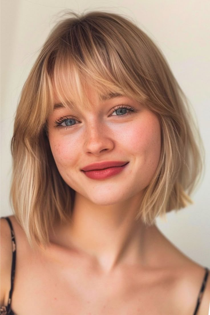 Blunt Bob Medium-Length Hairstyle with Bangs. Should Length Bob With Bangs, Medium Blonde Haircuts With Bangs, Blonde Bob Hair Color Ideas, Straight Edge Bob Haircut, Medium Hair Haircuts For Women, Lob With Bangs Straight Hair, Bangs Chin Length Hair, Bangs For Blondes, Blonde Bobs With Curtain Bangs