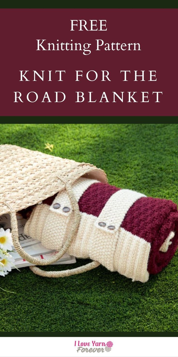 a knitted bag sitting on top of grass with the text free knitting pattern knit for the road blanket