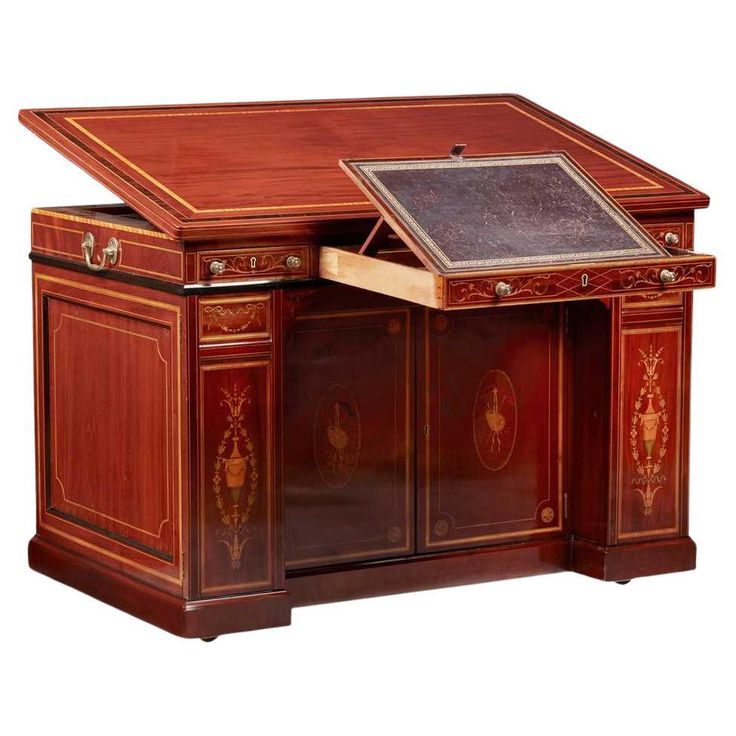 a desk with an open drawer on the top and one door opened to reveal a screen