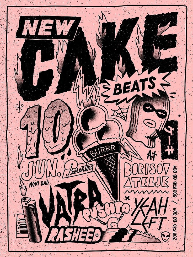 a poster with the words new cake and various other things in black on pink background