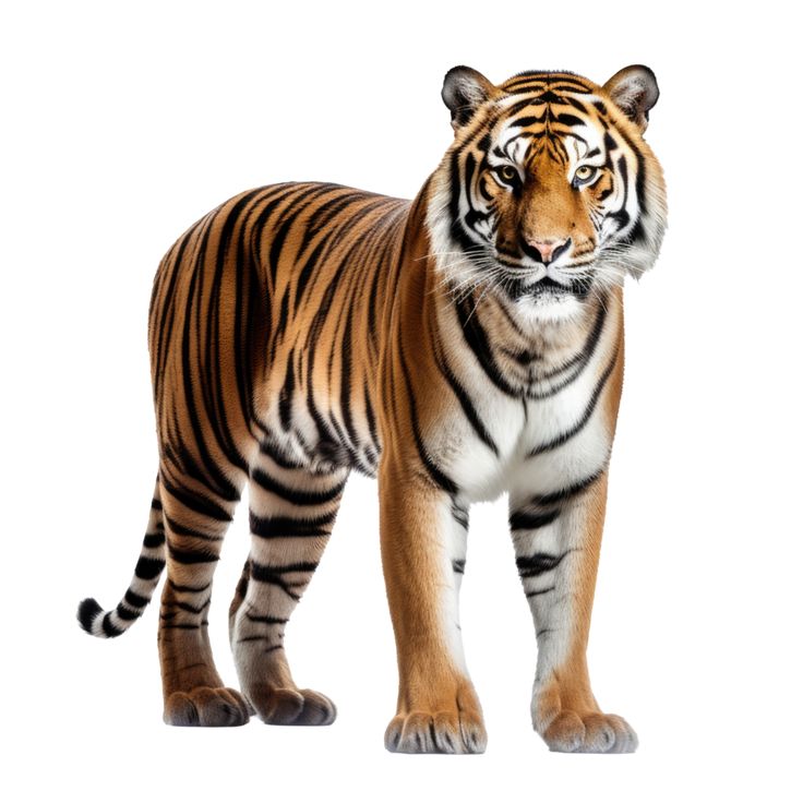 a large tiger standing in front of a white background