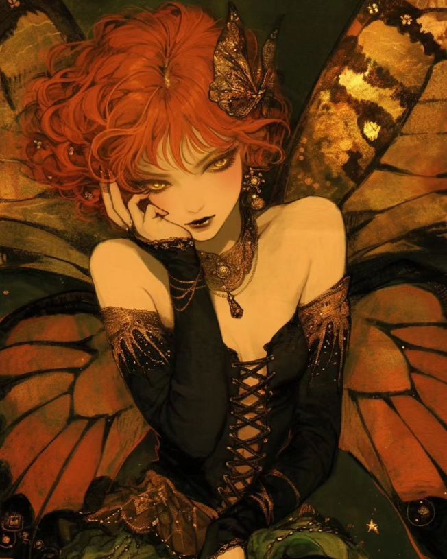 a woman with red hair sitting on the ground next to a butterfly wings and dress