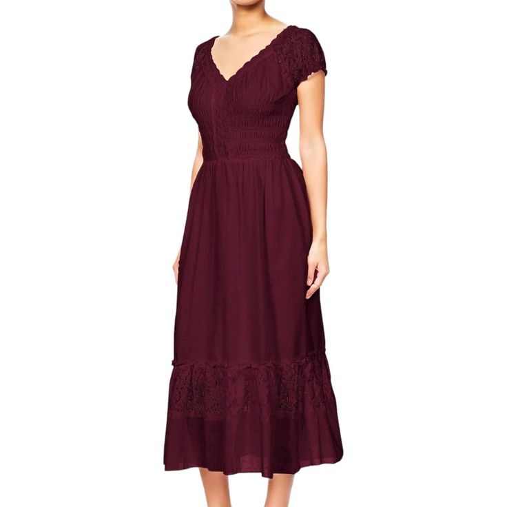 Step into a world of whimsical charm with the Anna-Kaci Women's Boho Inspired Maxi Dress. This enchanting piece is perfect for those who adore a touch of vintage flair blended with modern comfort.

- **Size**: Medium
- **Color**: Red
- **Material**: Lightweight woven fabric
- **Gender**: Female
- **Features**: Lace cap sleeves, lace trim, ruffled flared hem, smocked waist, floral lace accents
- **Style**: Can be worn off the shoulder for a versatile look

Crafted to provide a flowy, flattering s Boho Lace Maxi Dress, Female Features, Chiffon Wrap, Lace Caps, Flowy Maxi Dress, Boho Lace, Long Sleeve Lace Dress, Pinterest Closet, Sleeve Maxi Dress