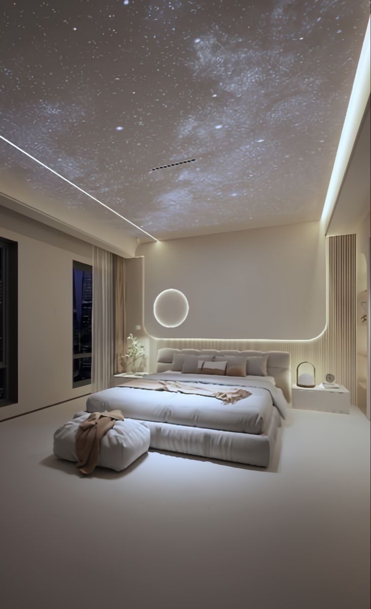 a large bed sitting in the middle of a bedroom under a sky filled with stars